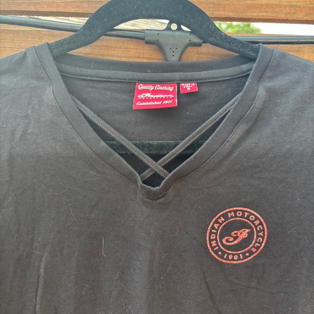 Indian Motorcycle Graphic Tee Womens Small Black Good Crisscross V-Neck Shirt